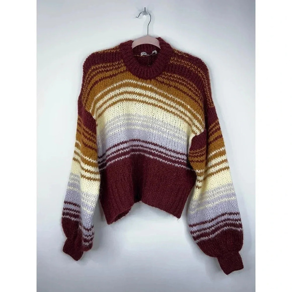 Zara Striped Sweater Balloon Sleeves Wool Alpaca Blend Mock Neck New Size Large - Picture 1 of 10